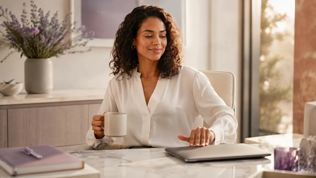 Counsellor at a calm desk reviewing the day in CompanyOn on a laptop