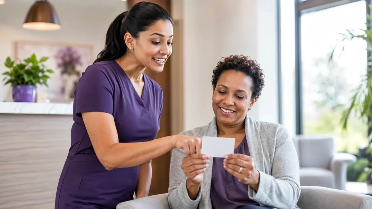 Practitioner in a purple scrub walking a smiling client through a simple, clear invoice